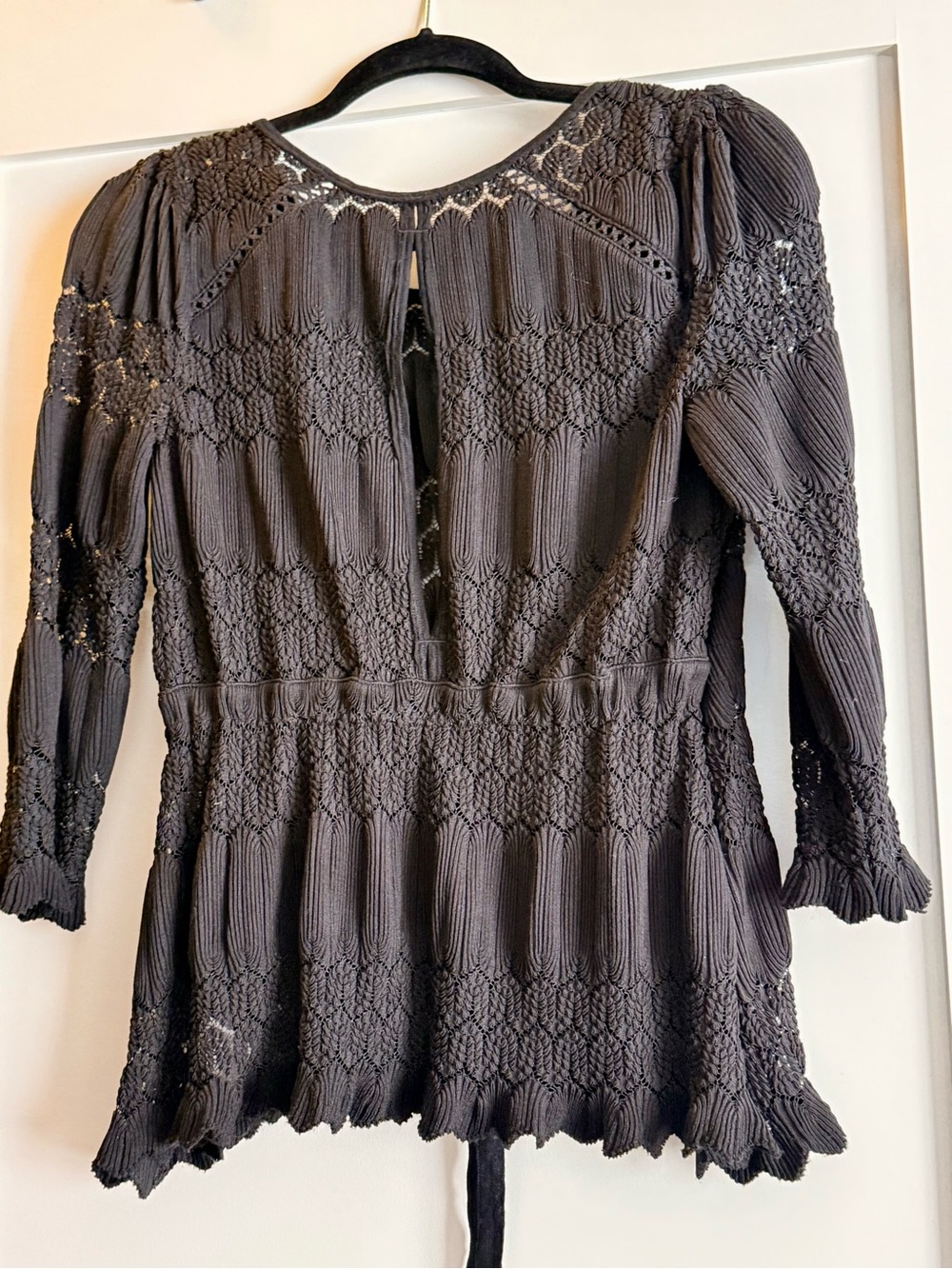Free People- Black Smocked Peplum Top - Lightweight Crochet Detailing